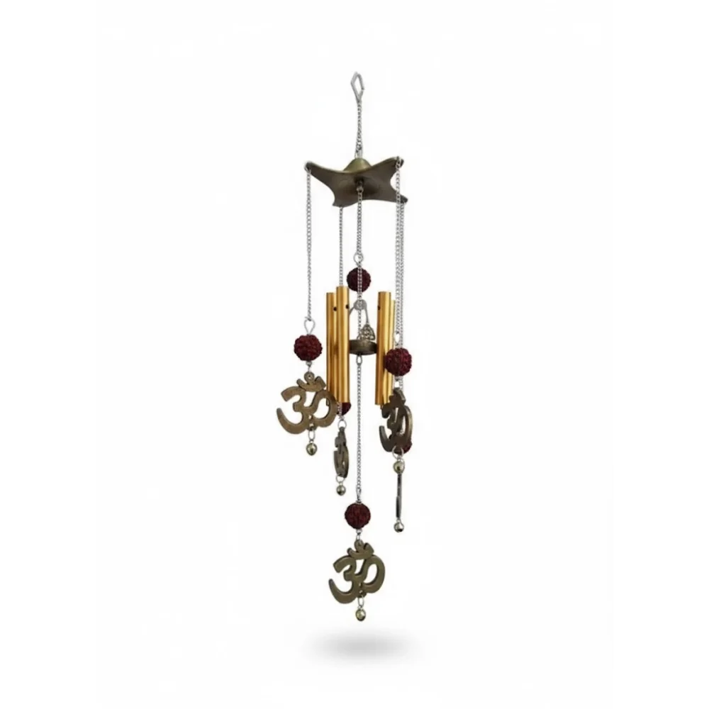 Feng Shui Om Rudraksha Bamboo Wind Chime for Home & Outdoor Décor – Brown (40 × 10 cm, Pack of 1)