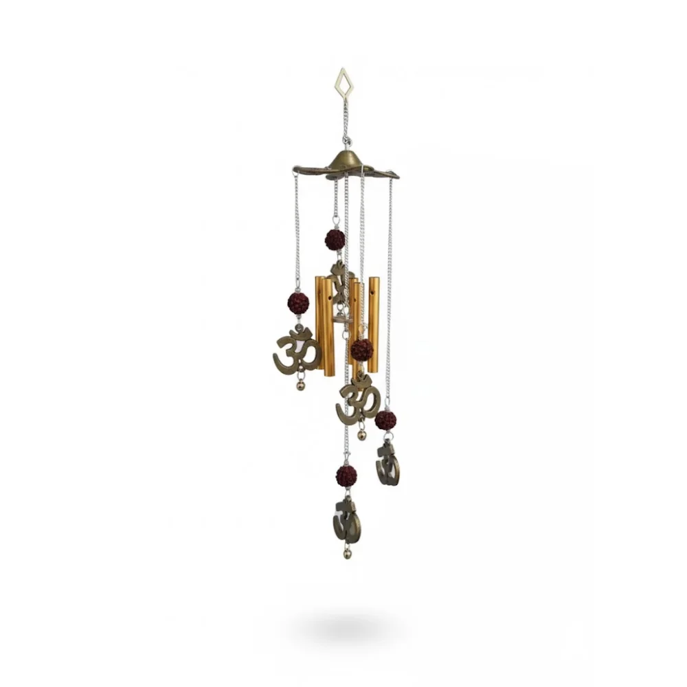 Feng Shui Om Rudraksha Bamboo Wind Chime for Home & Outdoor Décor – Brown (40 × 10 cm, Pack of 1)