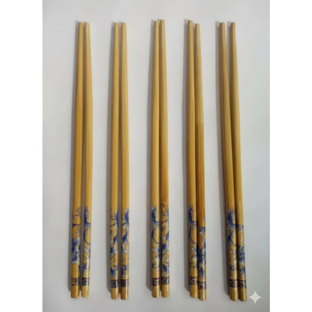 NSCC Set of 5 Pairs Designer Natural Round Bamboo Reusable Chopsticks