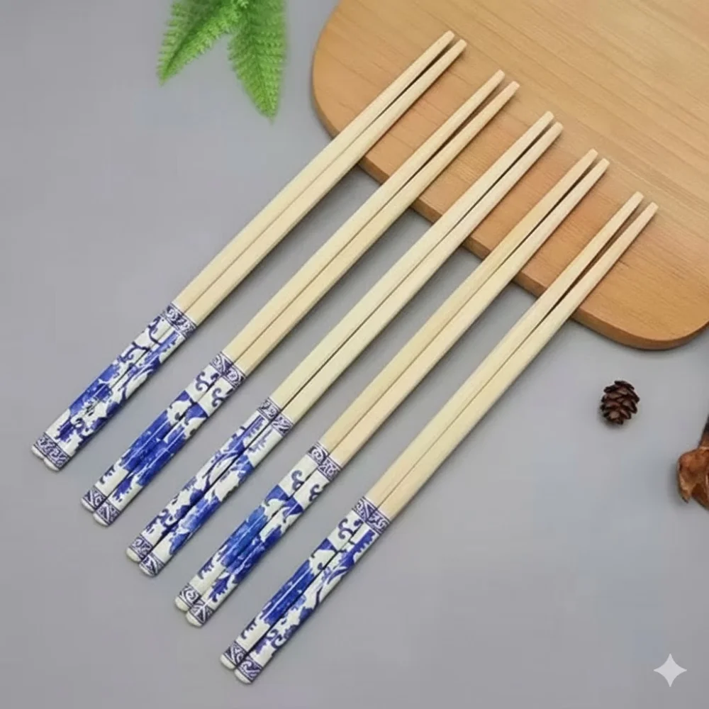 Set of 10 Pairs Bamboo Reusable Chopsticks – 100% Natural Bamboo Round Chopsticks