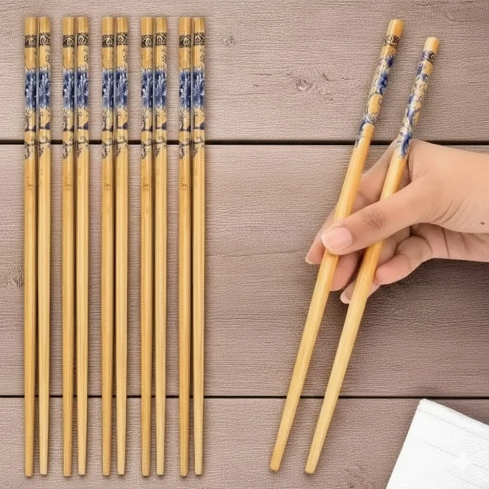 NSCC Set of 5 Pairs Chinese Bamboo Wooden Chopsticks – Premium Quality Reusable Chopsticks