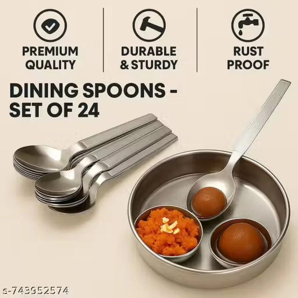 Pure Stainless Steel Spoon Set – Pack of 24 | Steel Dinner Spoons Combo for Home, Hotel & Pooja Use