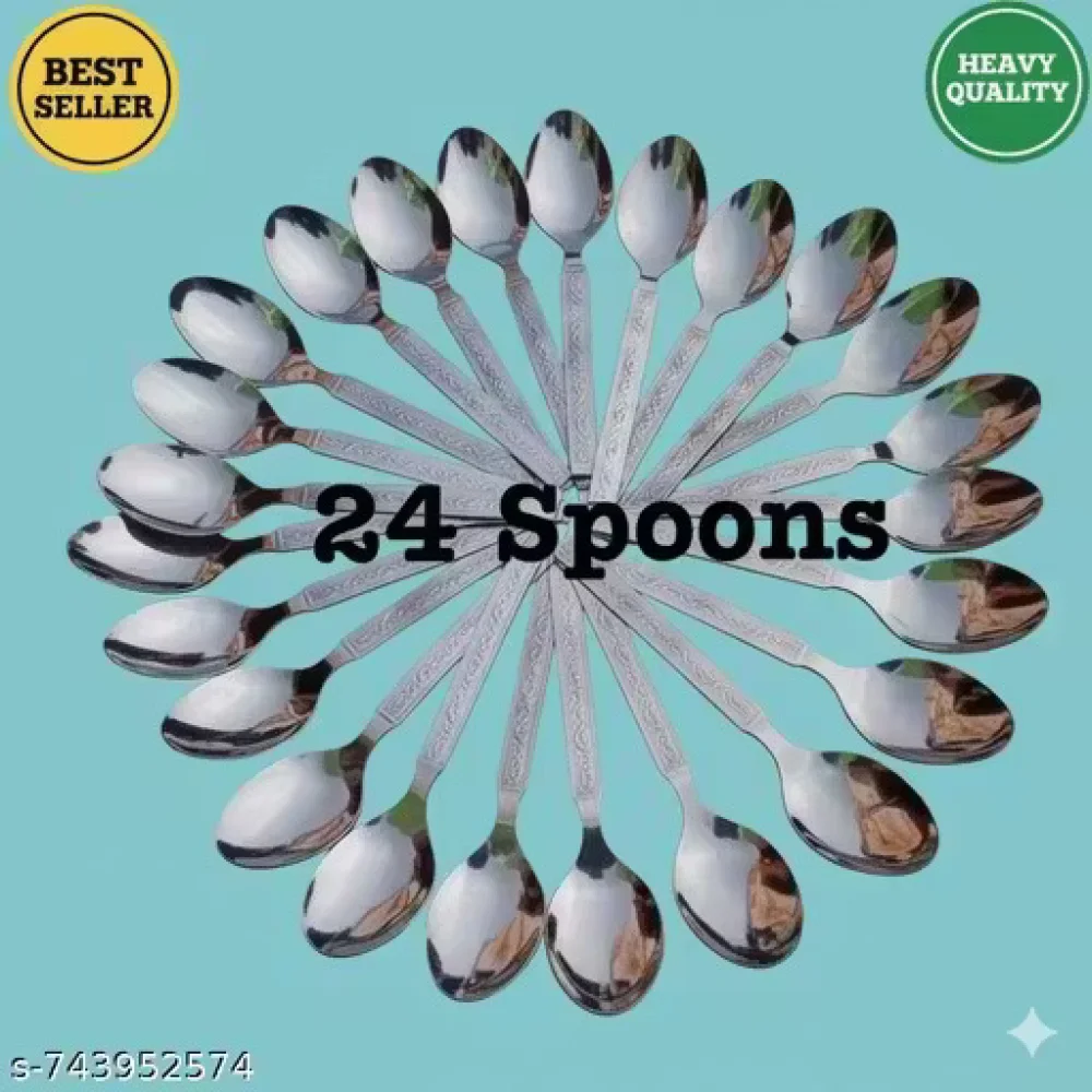 Pure Stainless Steel Spoon Set – Pack of 24 | Steel Dinner Spoons Combo for Home, Hotel & Pooja Use