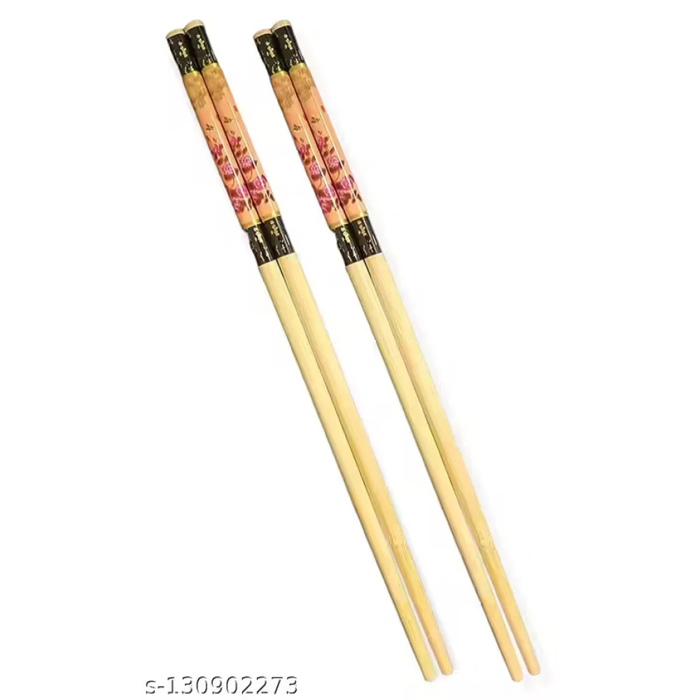 TWO (2) Pairs Reusable Wooden Bamboo Chopsticks – Floral (Design May Vary)