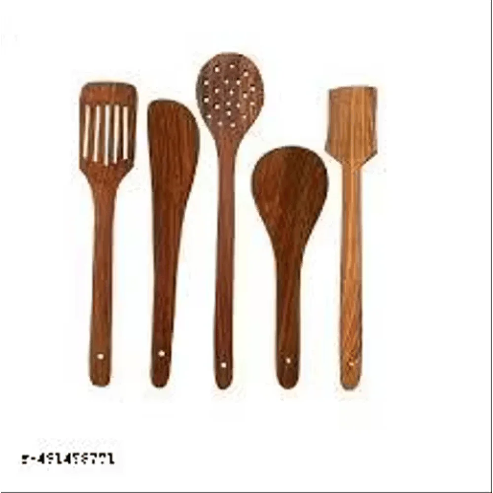 (Set of 5) Multipurpose Wooden Cooking Spoon & Spatula Utensils Set for Non-Stick Cookware & Serving – Handmade Wooden Kitchen Tools