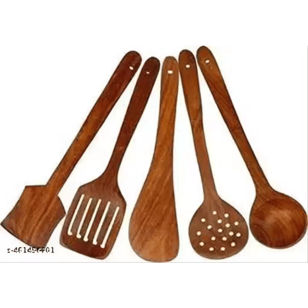 (Set of 5) Multipurpose Wooden Cooking Spoon & Spatula Utensils Set for Non-Stick Cookware & Serving – Handmade Wooden Kitchen Tools
