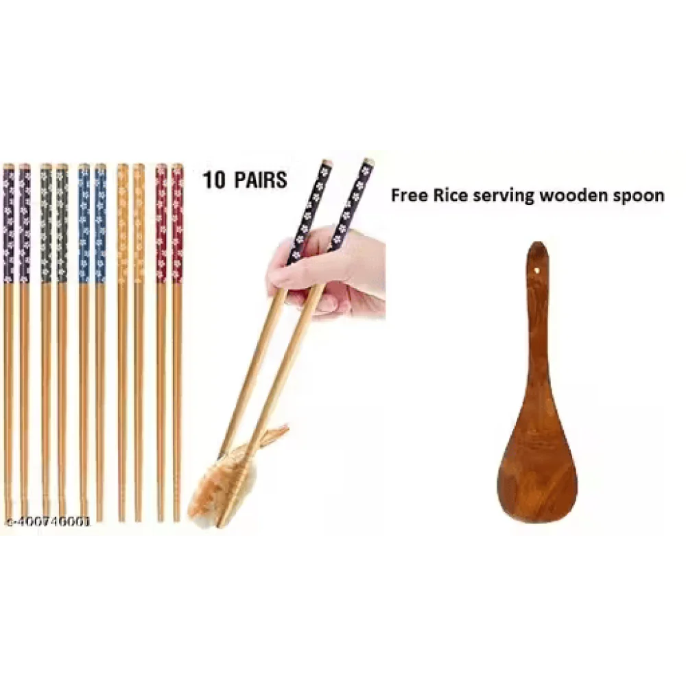 Combo of 10 Pairs Wooden Chopsticks with Free Wooden Rice Serving Spoon
