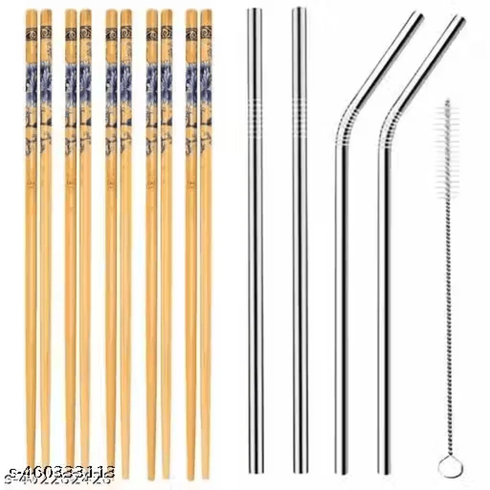 Combo of Premium Wooden 5 Pairs Chopsticks & Steel Set of 5 Straws (2 Bent, 2 Straight + 1 Cleaning Brush) | Chinese | Korean | Vietnamese | Japanese | Perfect Gift Set