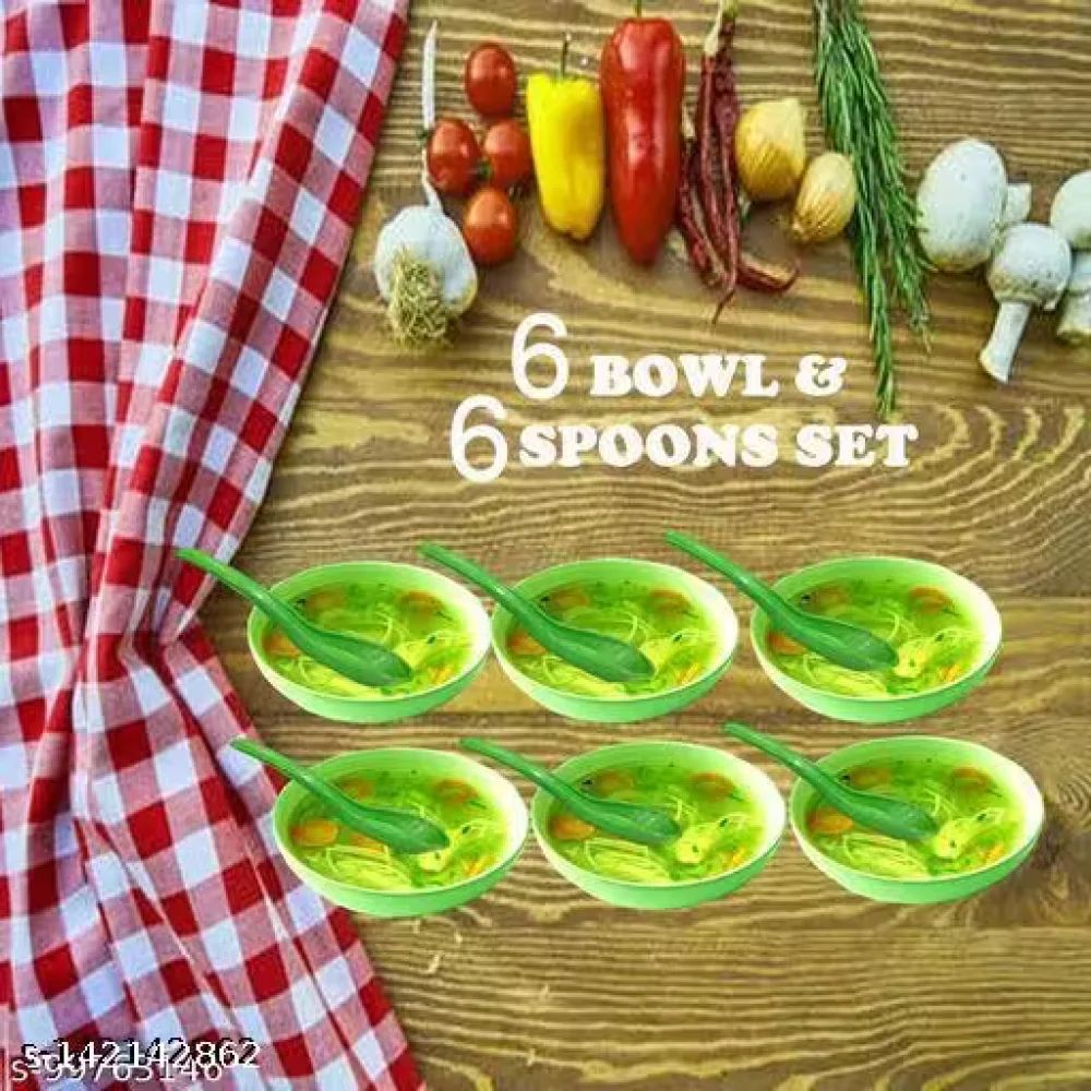 Maggi Bowl Set of 6 with 6 Matching Spoons – Green