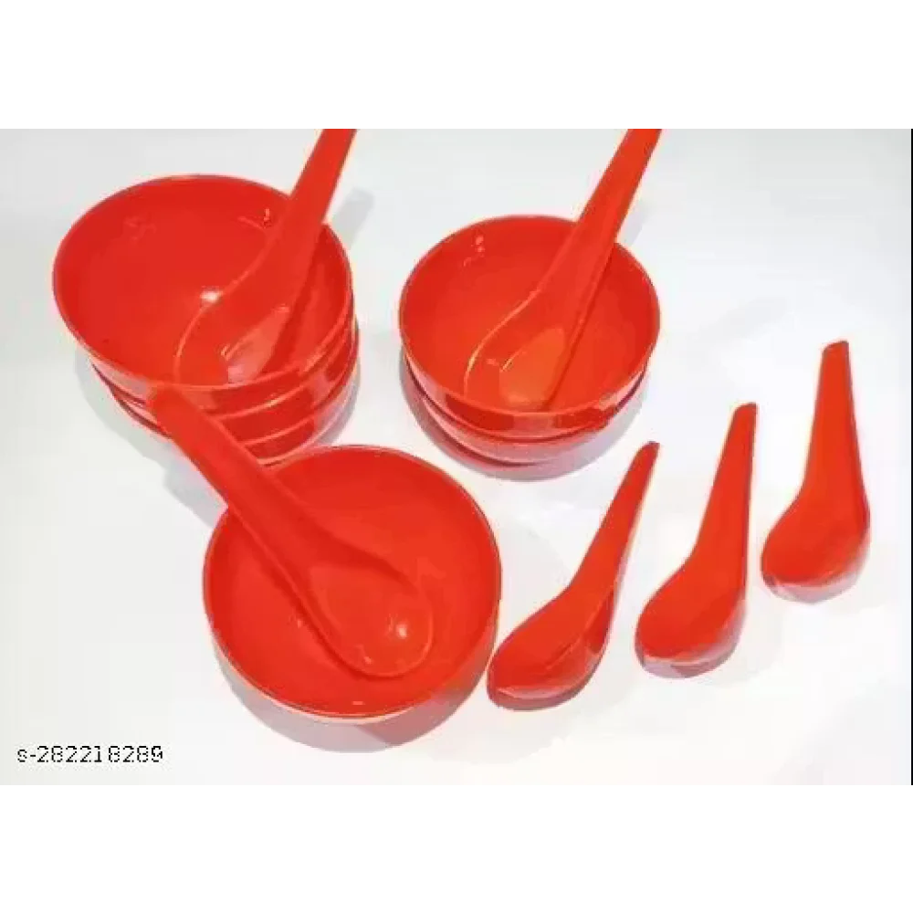 (Red) Plastic Soup Bowl & Spoon Set – Set of 6 Bowls with 6 Spoons