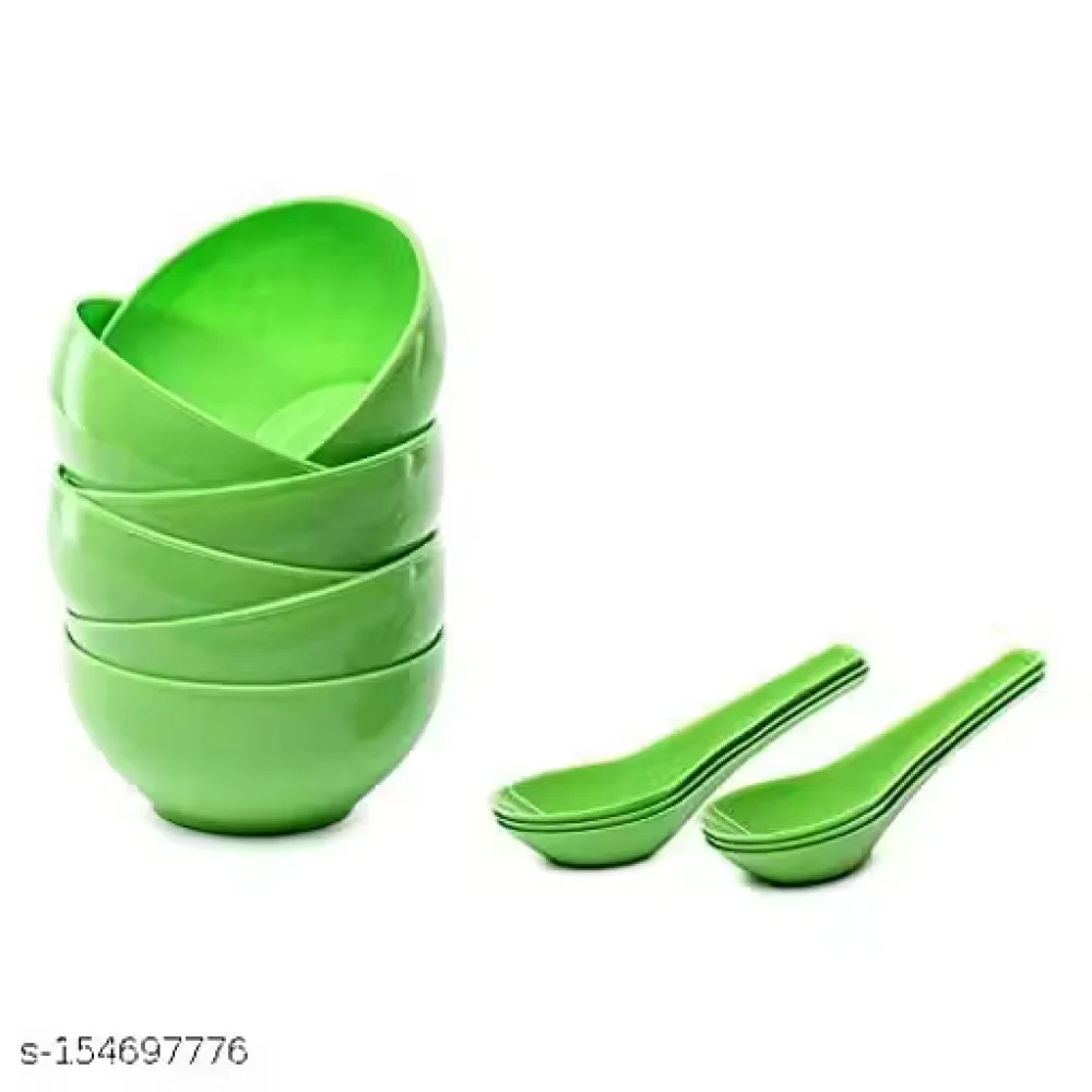 Green Plastic Round Shape Soup Bowls & Spoons – Set of 6 Bowls & 6 Spoons, Microwave Safe Serving Set for Home & Office