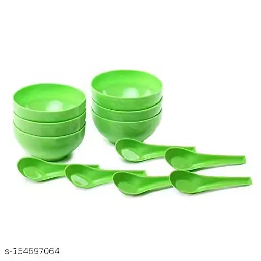 Green Plastic Round Shape Soup Bowls & Spoons – Set of 6 Bowls & 6 Spoons, Microwave Safe Serving Set for Home & Office Use