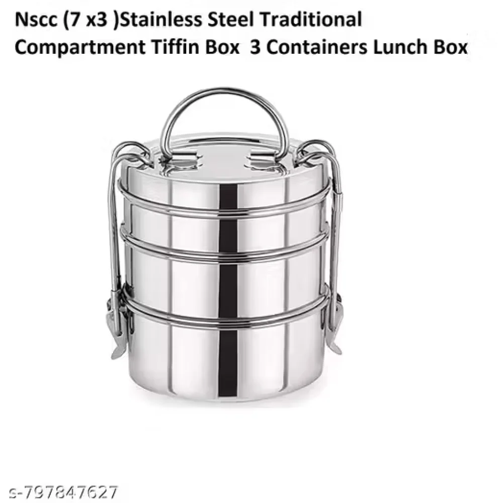 NSCC Stainless Steel 3 Compartment Tiffin Box (7x3) | Traditional Leak Resistant Lunch Box | Office, School & Travel Steel Dabba for Men, Women & Kids