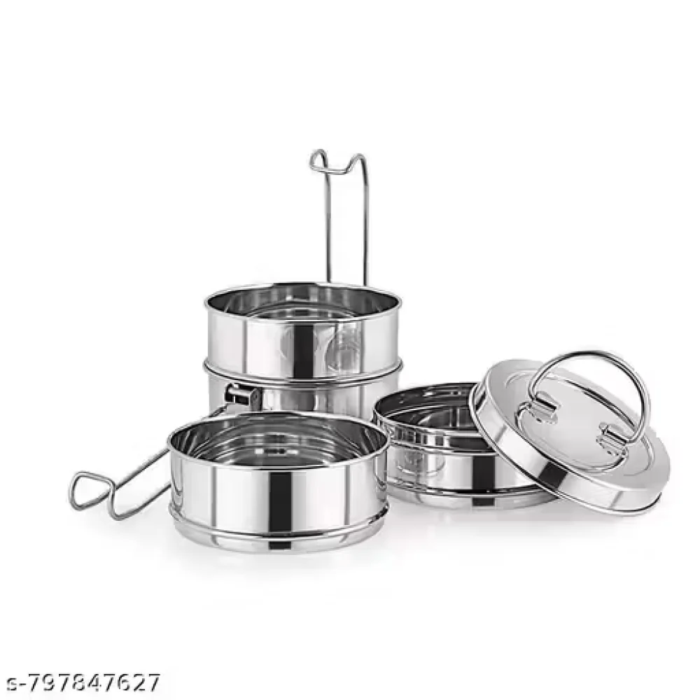 NSCC Stainless Steel 3 Compartment Tiffin Box (7x3) | Traditional Leak Resistant Lunch Box | Office, School & Travel Steel Dabba for Men, Women & Kids