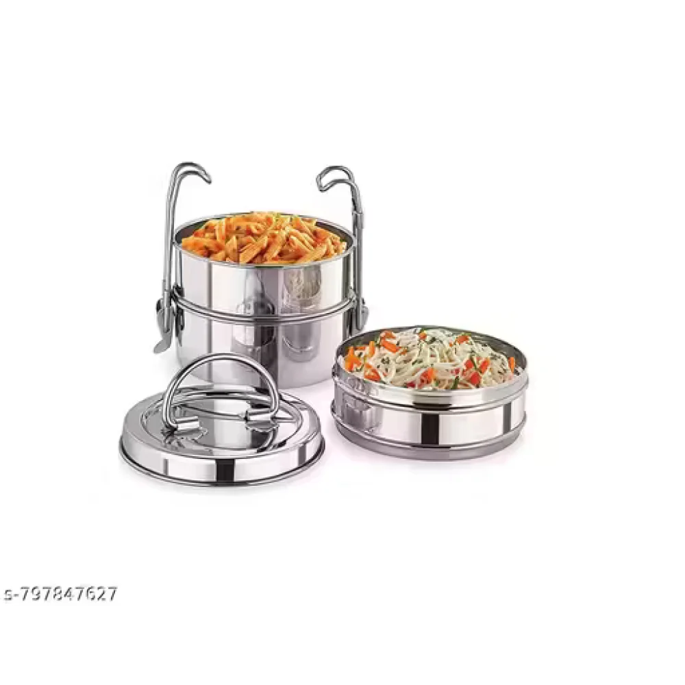 NSCC Stainless Steel 3 Compartment Tiffin Box (7x3) | Traditional Leak Resistant Lunch Box | Office, School & Travel Steel Dabba for Men, Women & Kids