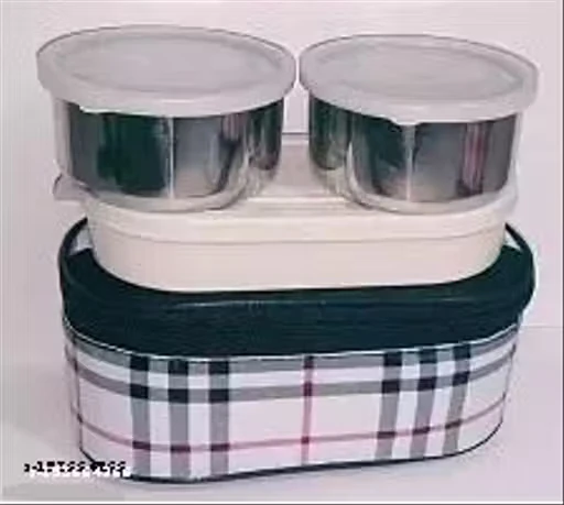 AA Topware Check Delite 3 Containers Lunch Box (800 ml, Thermoware) with Insulated Bag – Mix Color