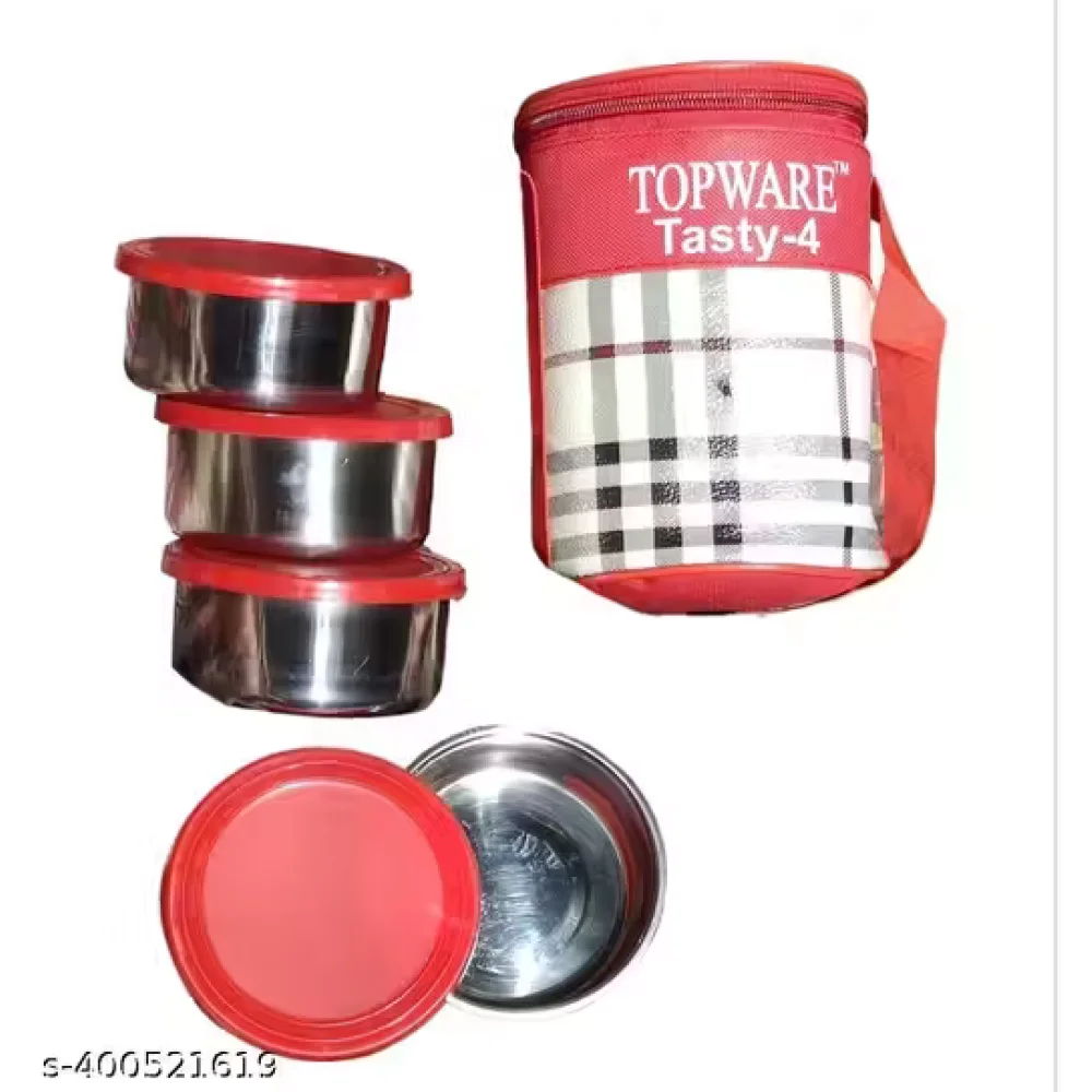 All Steel Tasty 4 Container Lunch Box with Carry Bag – Stainless Steel Tiffin for Office, School & Kids