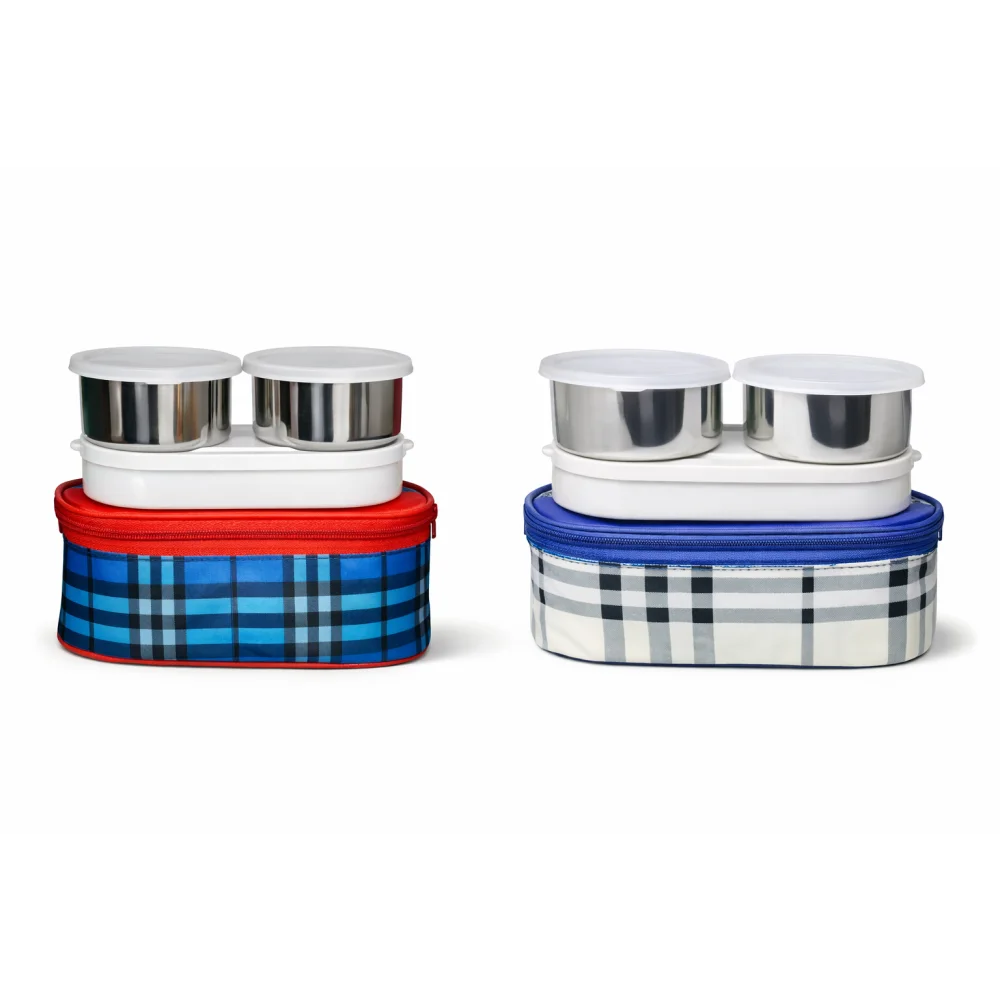 2 Pieces HUMTUM Topware College & School Combo Double Decker Lunch Box with 3 Containers (750 ml, Thermoware)