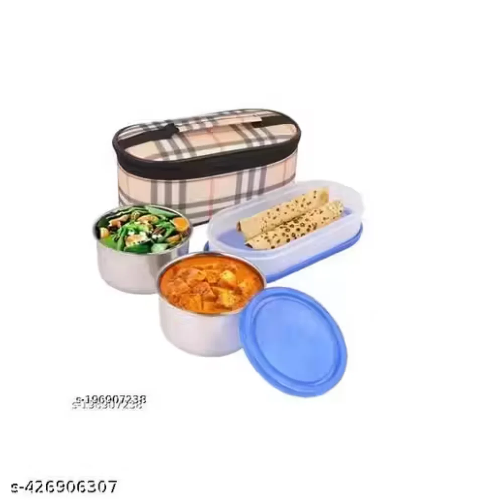 Jagdamba Bag Tiffin Lunch Box with 3 Containers – 1 Plastic Chapati Box & 2 Stainless Steel Containers with Insulated Carry Bag for Kids, College, Office, Travel & Picnic (1 Piece Set)