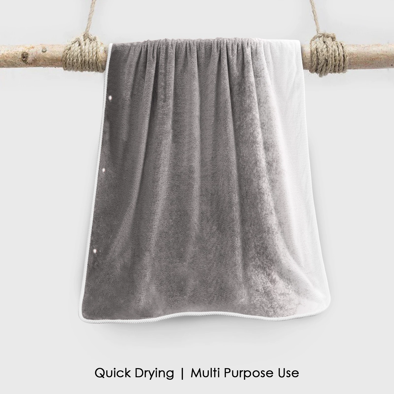 HOUSSE Ombre Microfiber Bath Towel –Extra Large Size 85×165 cm, Super Soft & Quick Dry, Super Absorbent Bathing Towel with 3 Buttons & Hanging Hook | Suitable for Gym, Home & Everyday Use-Silver Grey