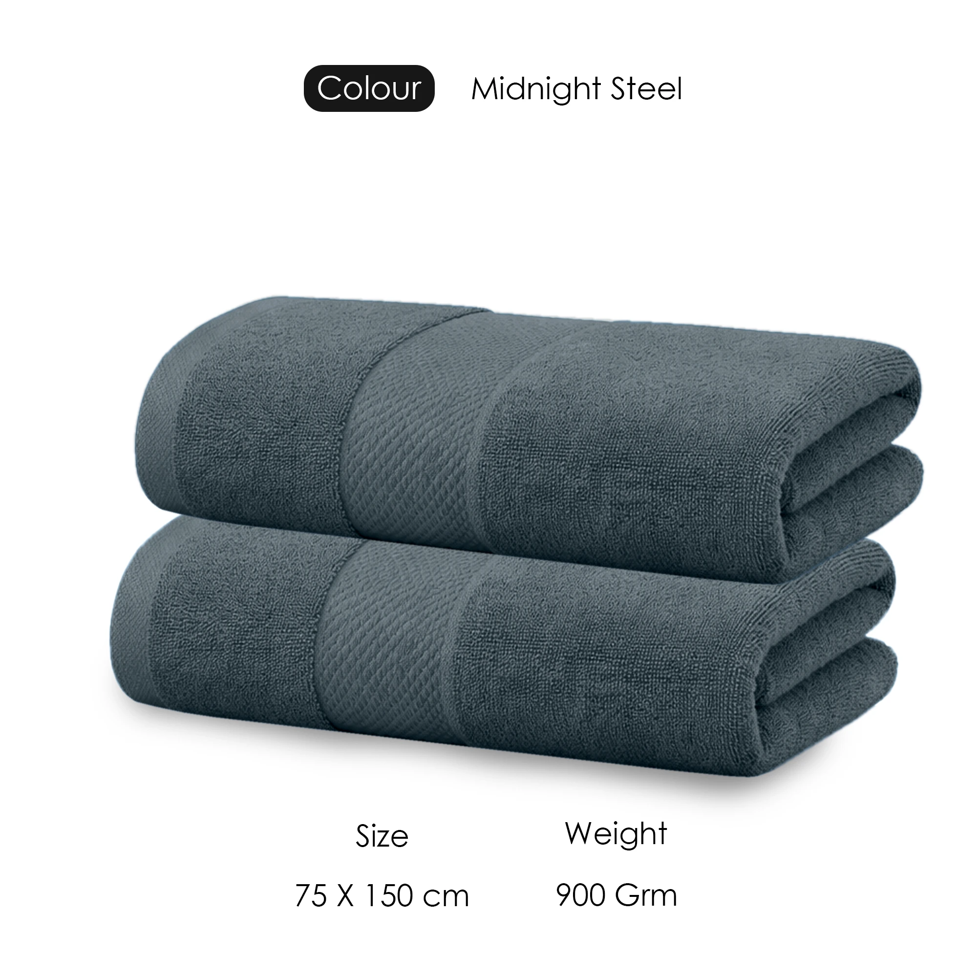 HOUSSE Cotton Bath Towels |Large Size (75 cms x 150 cms) - Quick Absorption &Faster Drying Bath Towel | 450 GSM | 2 Piece Set Bath Towel for Men/Women | Urban Comfort- Midnight Steel