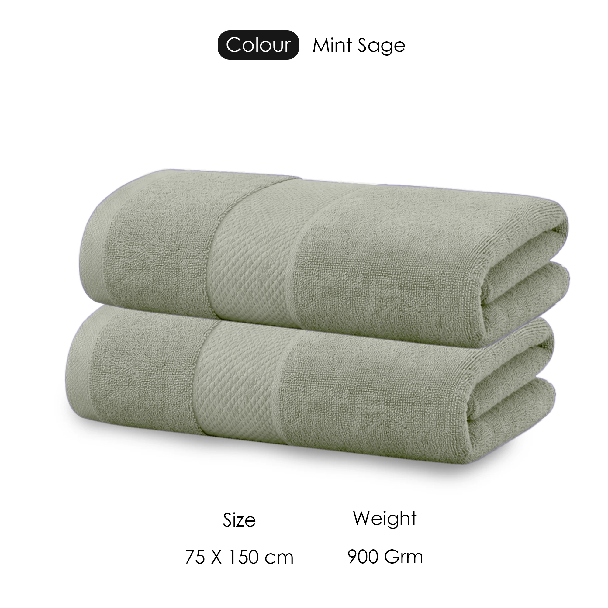 HOUSSE Cotton Bath Towels |Large Size (75 cms x 150 cms) - Quick Absorption &Faster Drying Bath Towel | 450 GSM | 2 Piece Set Bath Towel for Men/Women | Urban Comfort- Mint Sage