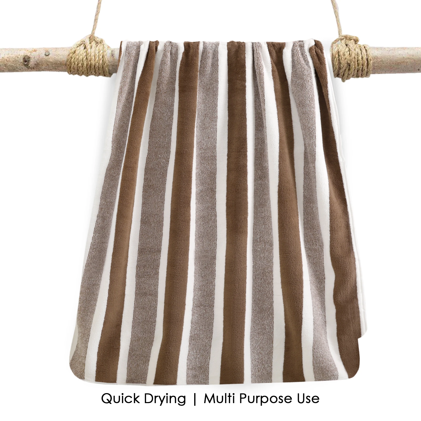 HOUSSE Komfykart Microfiber Bath Towel for Men & Women – 70×140 cm, Super Soft, Quick Dry & Super Absorbent Towel with Hanging Hook, New Stripe Design | Gym, Home & Travel Use – Caramel