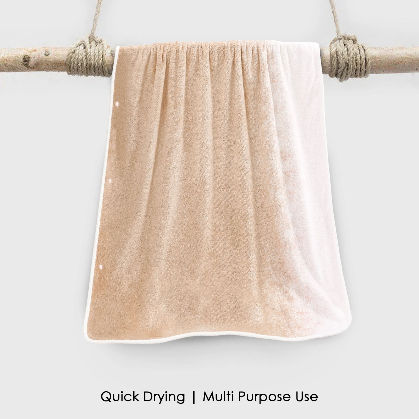 HOUSSE Ombre Microfiber Bath Towel – Extra Large Size 85×165 cm, Super Soft & Quick Dry, Super Absorbent Bathing Towel with 3 Buttons & Hanging Hook | Suitable for Gym, Home & Everyday Use-Light Tan