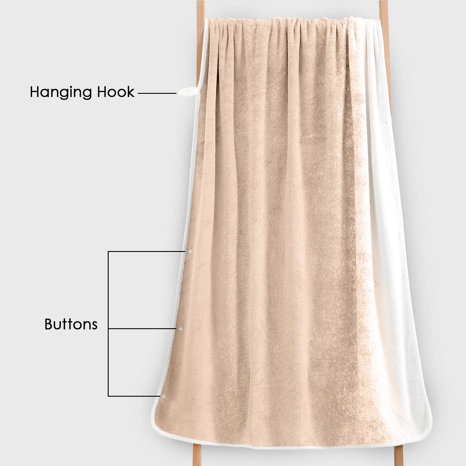 HOUSSE Ombre Microfiber Bath Towel – Extra Large Size 85×165 cm, Super Soft & Quick Dry, Super Absorbent Bathing Towel with 3 Buttons & Hanging Hook | Suitable for Gym, Home & Everyday Use-Light Tan