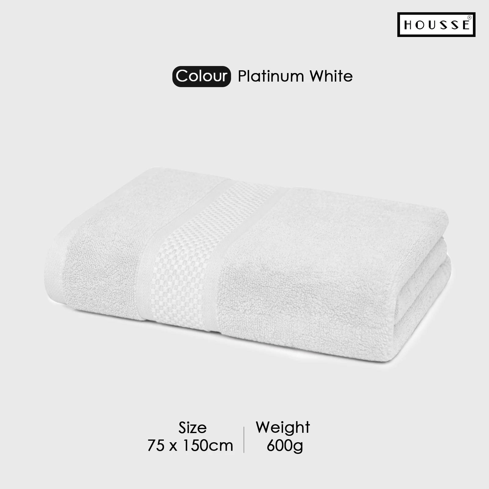 HOUSSE Nexora 100% Pure Cotton 600 GSM Bath Towel 75x150 cm – Extra Large, Ultra Soft, Quick Dry & Highly Absorbent Premium Towel for Home, Travel & Daily Use (Platinum White)