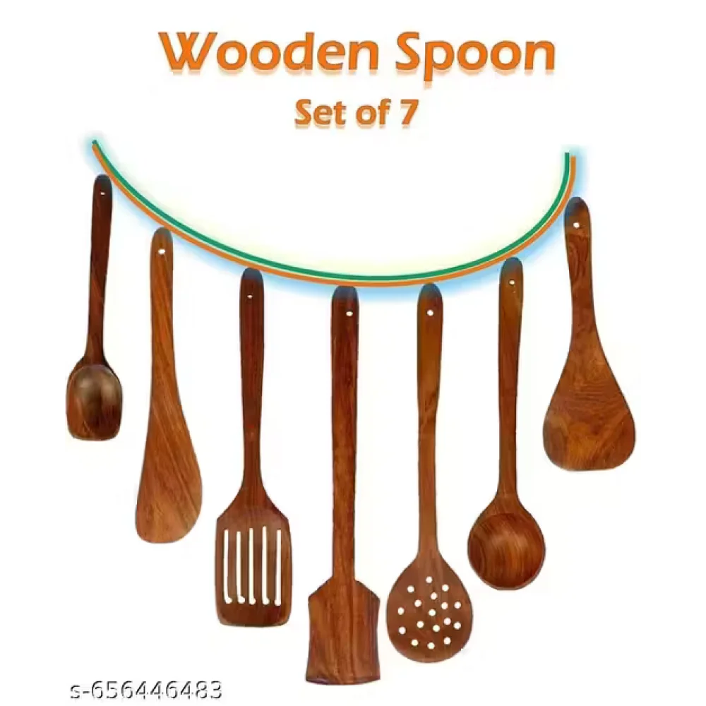 Kitchen Wooden Tools Set of 7 | Wooden Spatula & Cooking Spoon Set | Non-Stick Safe Utensils