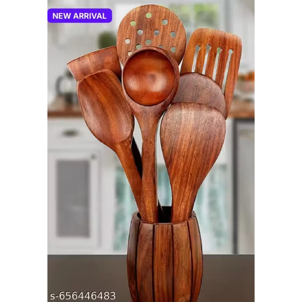 Kitchen Wooden Tools Set of 7 | Wooden Spatula & Cooking Spoon Set | Non-Stick Safe Utensils