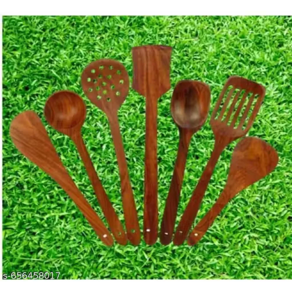 Kitchen Wooden Tools Set of 7 | Wooden Spatula & Cooking Spoon Set | Non-Stick Safe Utensils
