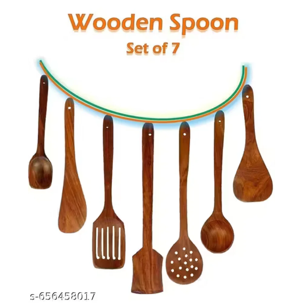 Kitchen Wooden Tools Set of 7 | Wooden Spatula & Cooking Spoon Set | Non-Stick Safe Utensils
