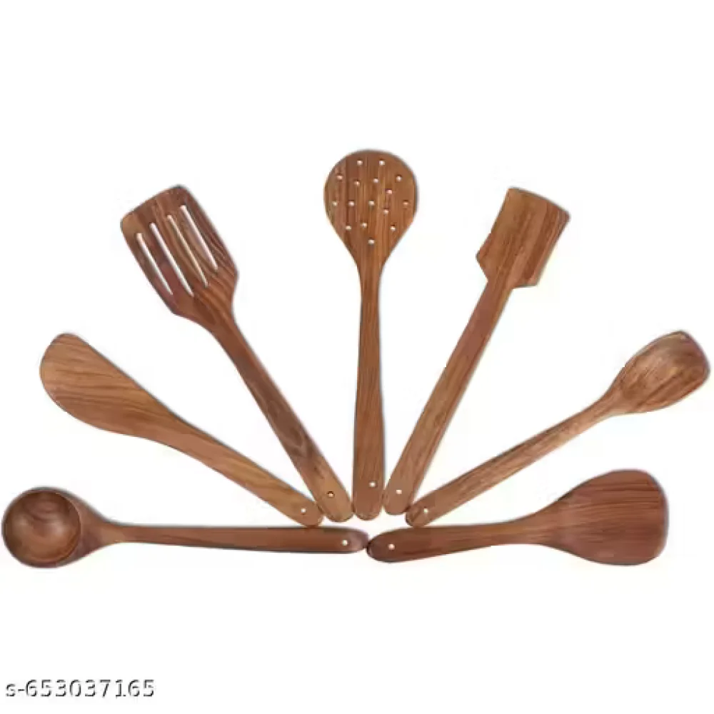 Kitchen Wooden Tools Set of 7 | Wooden Spatula & Cooking Spoon Set | Non-Stick Safe Utensils