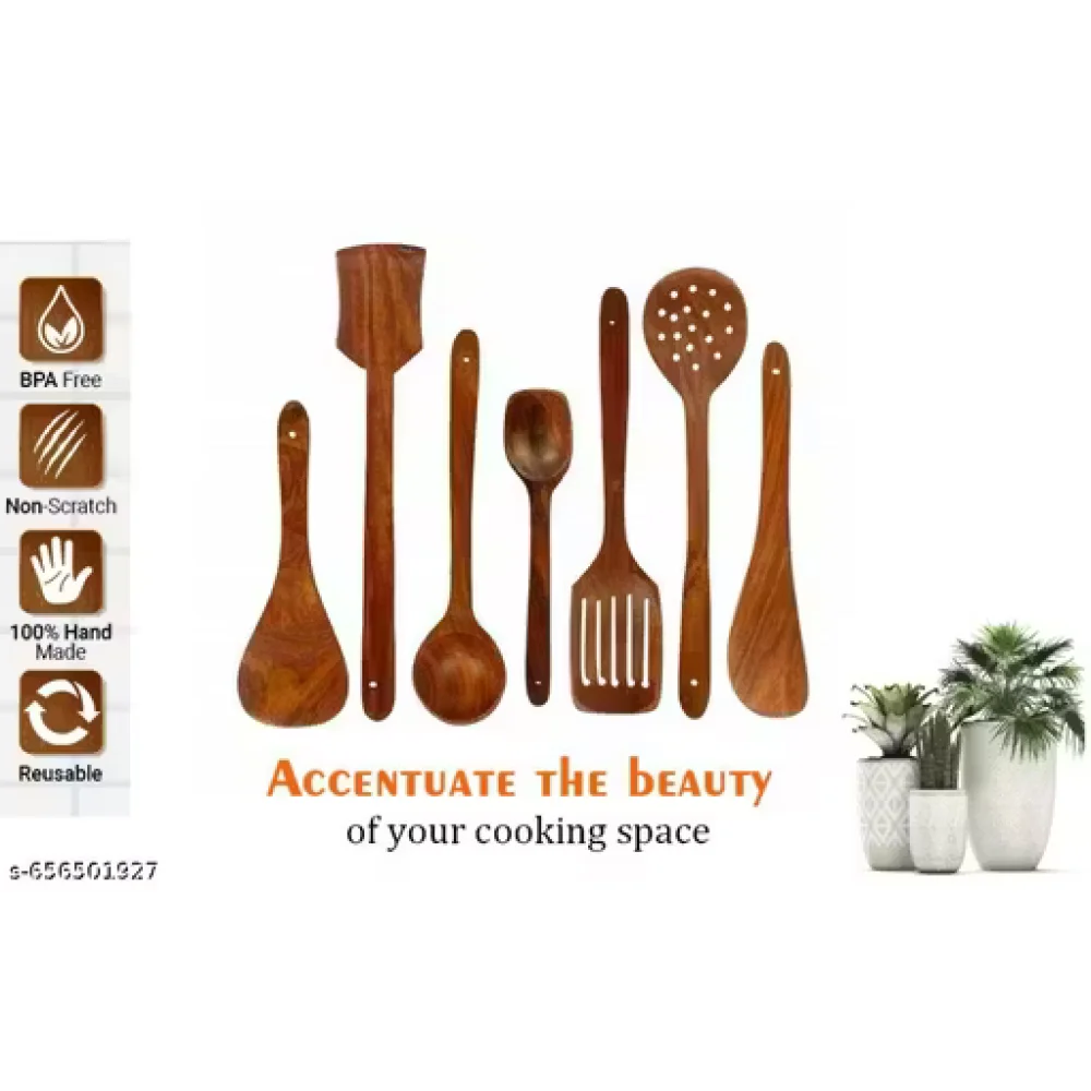 Kitchen Wooden Tools Set of 7 | Wooden Spatula & Cooking Spoon Set | Non-Stick Safe Utensils
