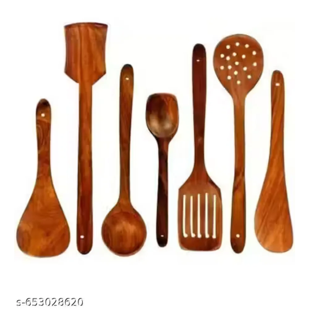 Kitchen Wooden Tools Set of 7 | Wooden Spatula & Cooking Spoon Set | Non-Stick Safe Utensils