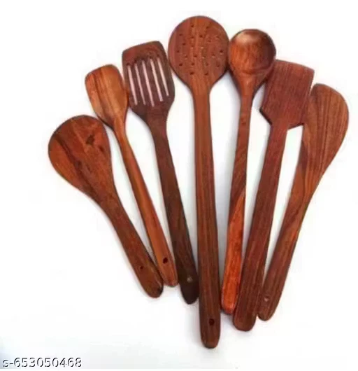 Kitchen Wooden Tools Set of 7 | Wooden Spatula & Cooking Spoon Set | Non-Stick Safe Utensils