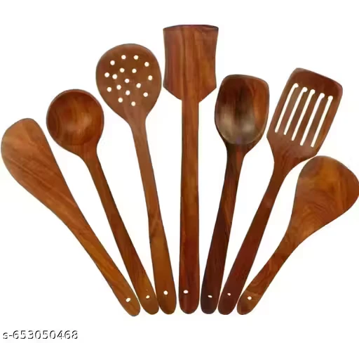 Kitchen Wooden Tools Set of 7 | Wooden Spatula & Cooking Spoon Set | Non-Stick Safe Utensils
