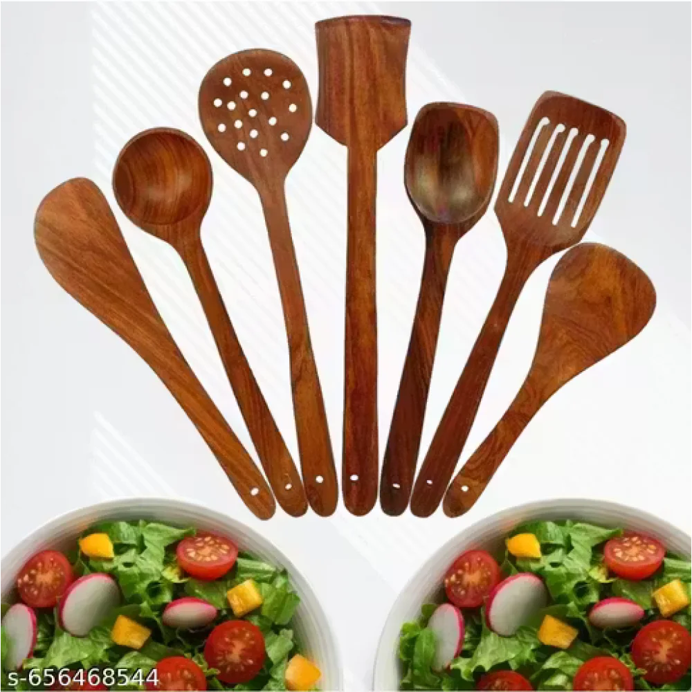 Kitchen Wooden Tools Set of 7 | Wooden Spatula & Cooking Spoon Set | Non-Stick Safe Utensils