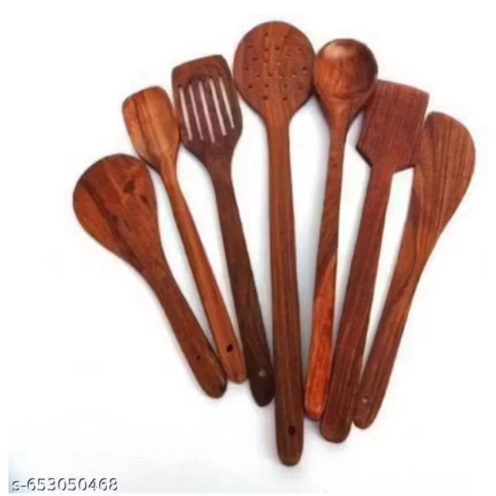 Kitchen Wooden Tools Set of 7 | Wooden Spatula & Cooking Spoon Set | Non-Stick Safe Utensils