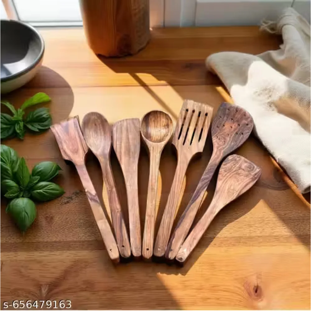 Kitchen Wooden Tools Set of 7 | Wooden Spatula & Cooking Spoon Set | Non-Stick Safe Utensils