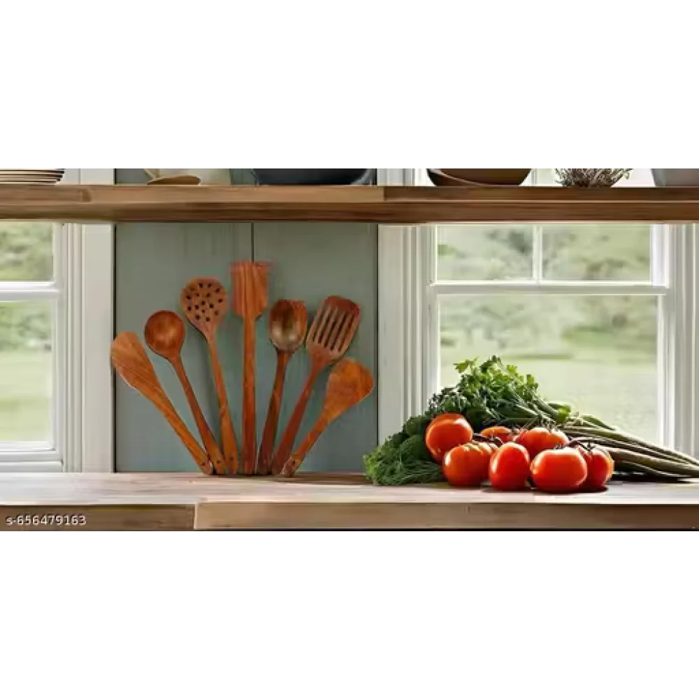 Kitchen Wooden Tools Set of 7 | Wooden Spatula & Cooking Spoon Set | Non-Stick Safe Utensils
