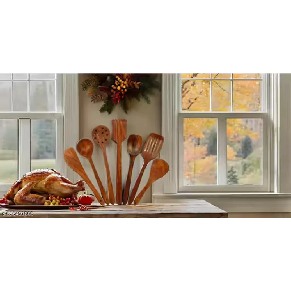 Kitchen Wooden Tools Set of 7 | Wooden Spatula & Cooking Spoon Set | Non-Stick Safe Utensils