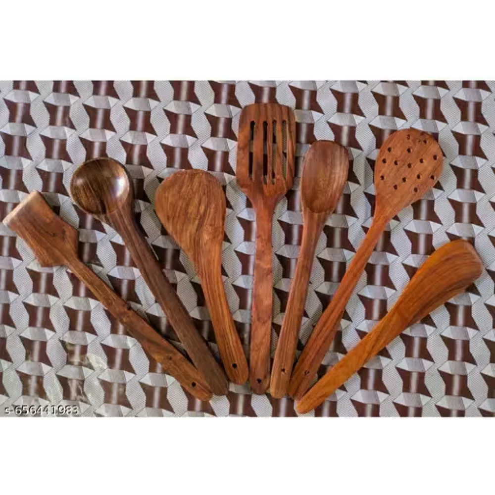 Kitchen Wooden Tools Set of 7 | Wooden Spatula & Cooking Spoon Set | Non-Stick Safe Utensils