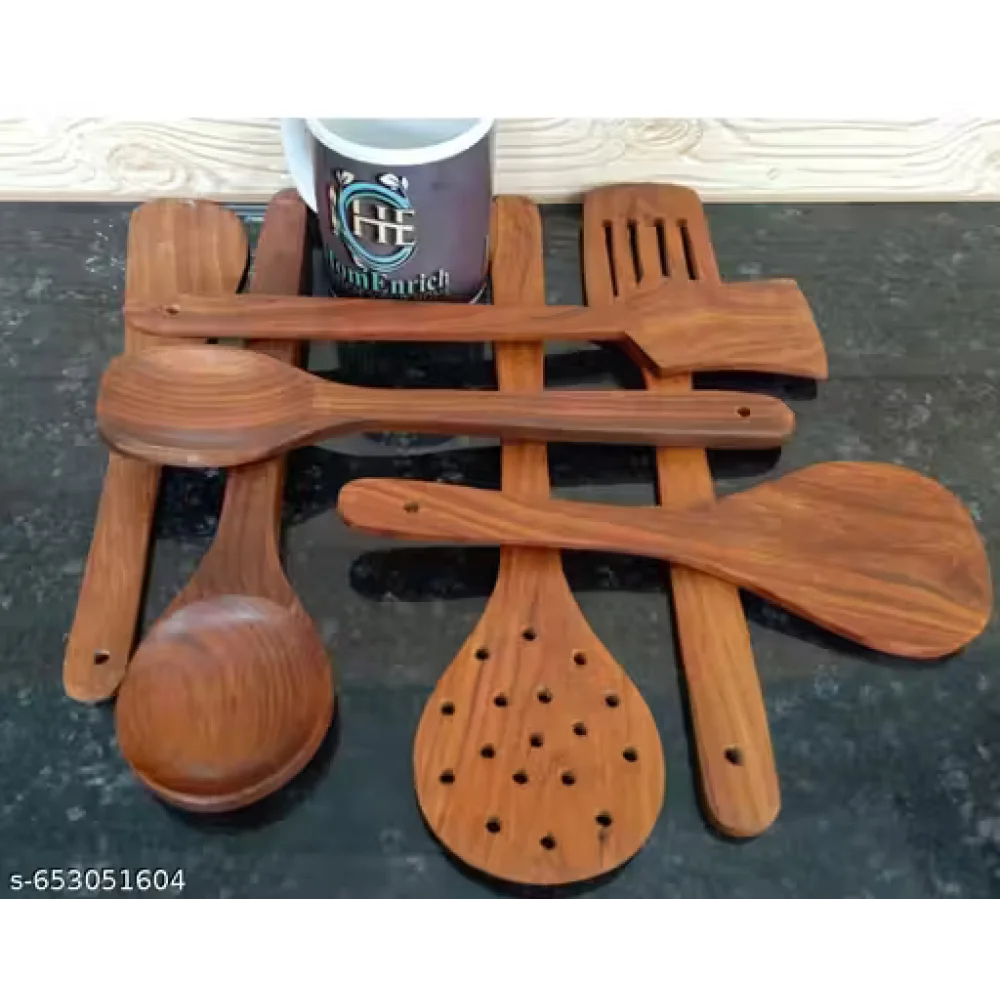 Kitchen Wooden Tools Set of 7 | Wooden Spatula & Cooking Spoon Set | Non-Stick Safe Utensils