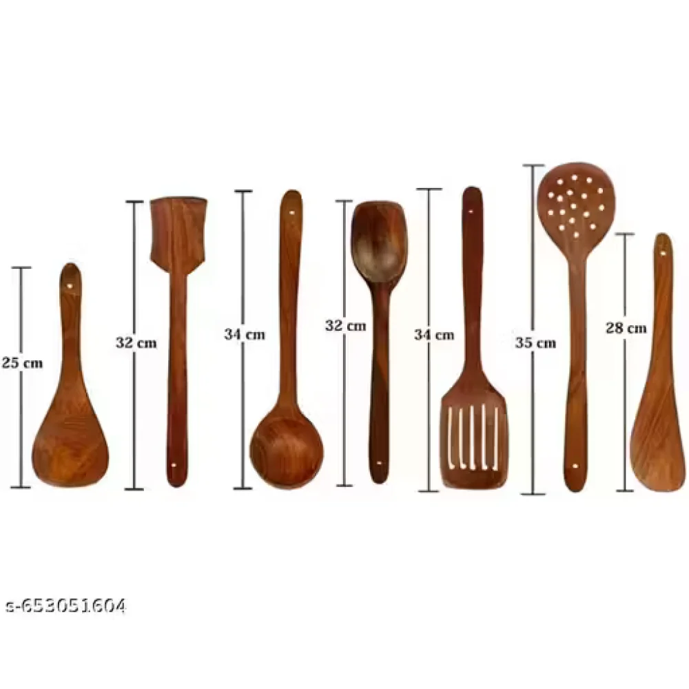 Kitchen Wooden Tools Set of 7 | Wooden Spatula & Cooking Spoon Set | Non-Stick Safe Utensils