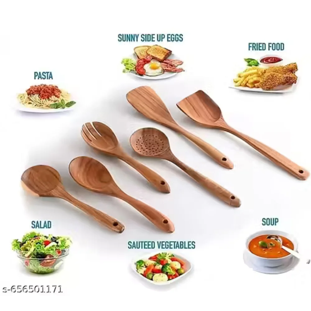 Kitchen Wooden Tools Set of 7 | Wooden Spatula & Cooking Spoon Set | Non-Stick Safe Utensils