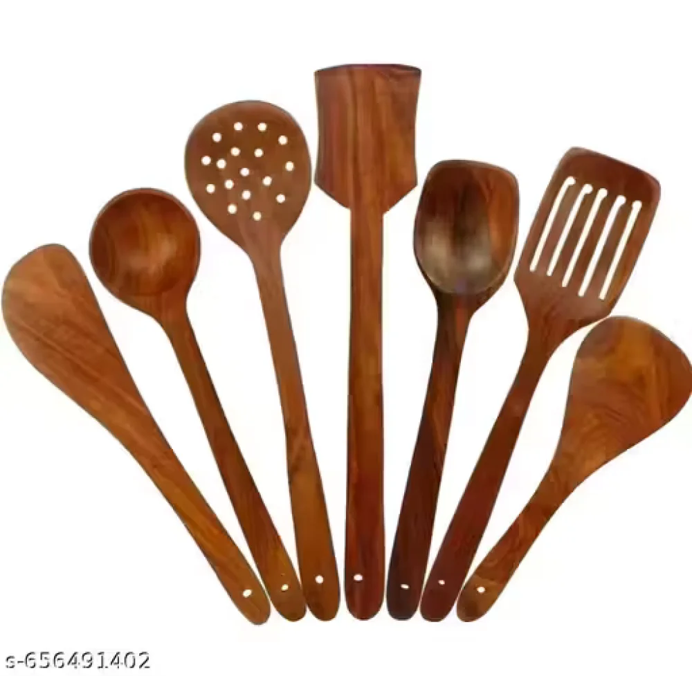 Kitchen Wooden Tools Set of 7 | Wooden Spatula & Cooking Spoon Set | Non-Stick Safe Utensils