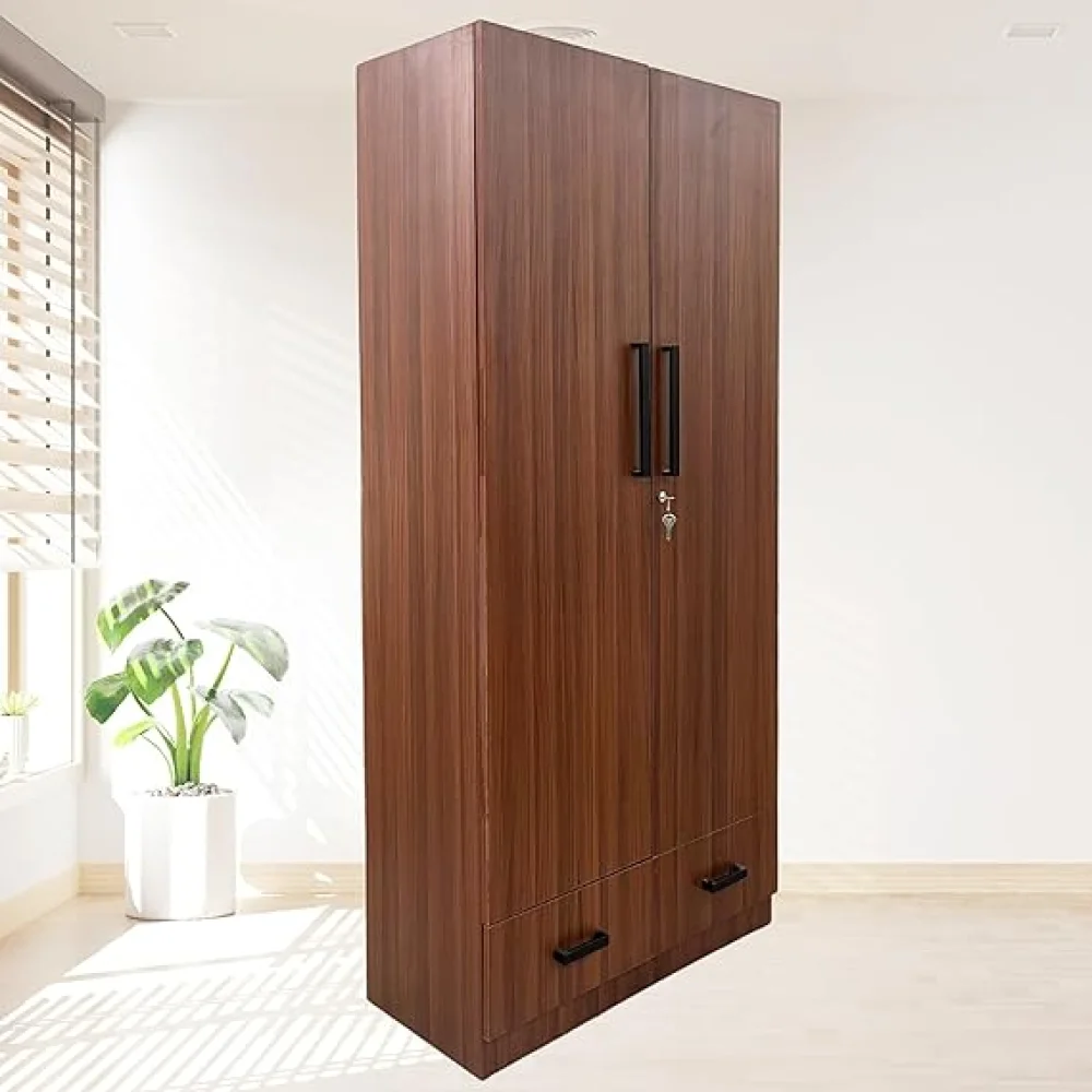 2 Door Multi Utility Wardrobe with 2 Drawers, Engineered Wood Almirah with Shelves, Wooden Cupboard for Clothes, Walnut Finish, Size H 72 x L 32 x W 16 inches